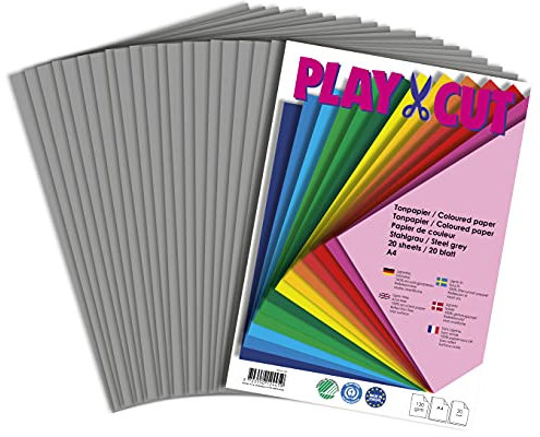 PLAY-CUT Tonpapier A4 Stahlgrau (130g/m2) | 20 Bogen Din A4 Papier zum Basteln Drucken | Dickes Bedruckbares Bastelpapier Set und Druckerpapier A4 | Premium Tonzeichenpapier & Craft Paper