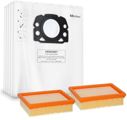 McFiltro - 10 bolsas para polvo + 2 filtros compatible con Kärcher WD4 P S V-20/5/22, WD5 P V-25/5/22, WD6 P S V-30/6/22/T, MV4, MV5, MV6 Alternativa para Kärcher KFI 487 como KFI 4410 - Tipo KA 33