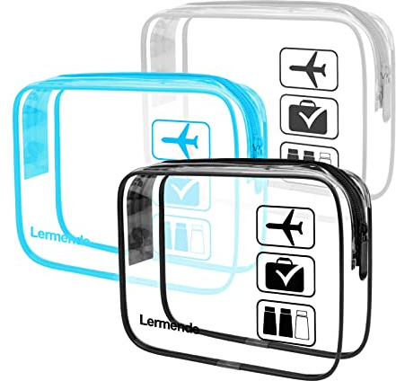 Lermende Kulturbeutel, transparent, TSA-geprüft, Reisetasche, Handgepäck für Reisen, Flughafenzubehör, konforme Tasche, Quartgröße, Make-up-Kosmetiktasche, für Damen und Herren, Schwarz, Grau, Blau, 3