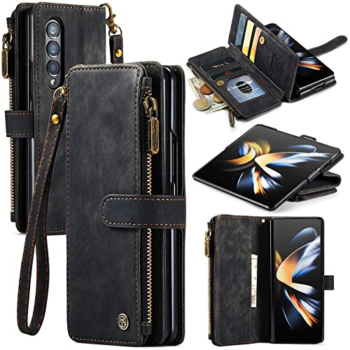 UEEBAI Wallet Case for Samsung Galaxy Z Fold 4 5G, Premium Handmade PU Leather Phone Case Card Slots Magnetic Closure Zipper Pocket Kickstand Flip Case with Hand Strap - Black