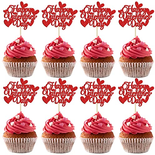 Gyufise 36Pcs Happy San Valentino Cupcake Toppers con cuore Glitter Dolce Amore Tema San Valentino Cupcake Cibo Picks Tema San Valentino Festa di compleanno Decorazioni per torte Forniture Rosso