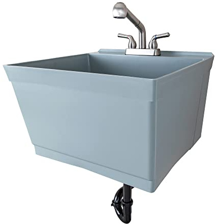 JS Jackson Supplies Tehila Grey Wall-Mounted Utility Sink Tub Kit with Stainless Steel Finish Pullout Faucet, Wall-Mounted Utility Tub with Wall Bracket for Laundry Room, Garage, Workshop
