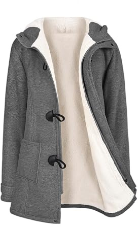 Nadeer Plüsch Jacken Für Damen Mantel Trenchcoat Kapuzenjacke Hornknöpfe Winter Parka Wollmäntel Winterjacke Fleece Hoodie Coat Kapuzen Wintermantel (Dunkelgrau,S)