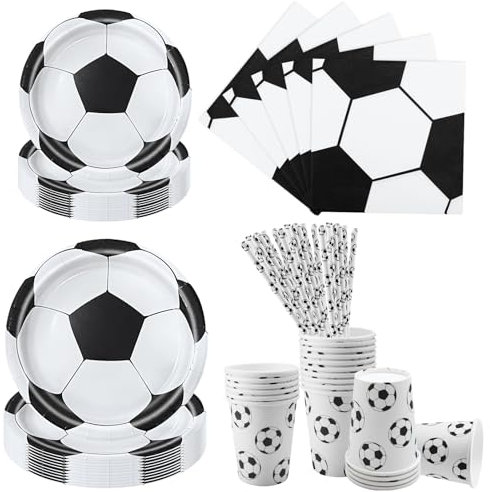 Aitsite 100 Stück Fußball Partygeschirr Set, Schwarzer und Weißer Fußball Partyteller Geburtstag für 20 Gäste, Fussball Geburtstag Geschirr, Party Deko Set, Kindergeburtstag Teller Becher Servietten