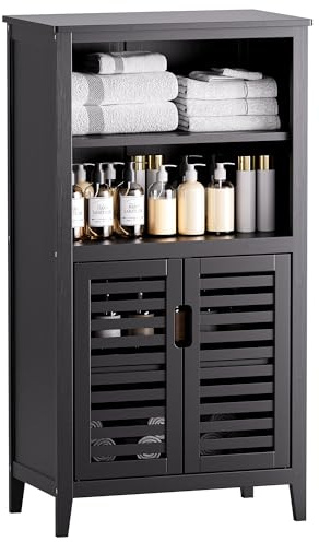 HITNET Mueble Baño Bambu, Armario Bajo Baño Auxiliar, Gabinete de Almacenamiento con Doble Puerta, Estante Ajustable, para Sala de Estar, Cocina, Entrada, Negro