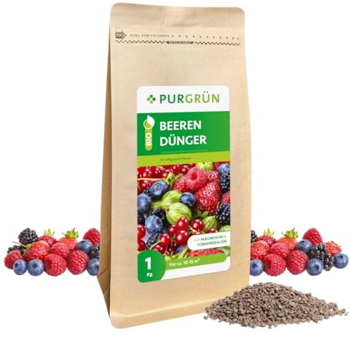 Purgrün® Bio-Beerendünger 1 kg – Organisch-mineralische Rezeptur – Feinkörniges Krümelgranulat – NPK 6+3+8 – Magnesium für saftige Beeren – Verbessert die Bodenqualität mit Tonmineralien