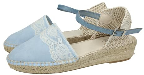 CONDIZ 233 Esparteñas de Piel en Color Celeste para niñas, esparteñas de comunión Hechas en España, con Encajes al Frente NIÑA Zapato COMUNIÓN