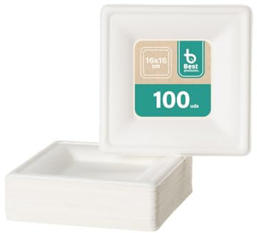 BEST PRODUCTS 100 Platos Caña de Azúcar Desechables Ecológicos Biodegradables Compostables y Reciclables Para Fiestas Cumpleaños Comuniones Cuadrados Postre Blancos 16x16cm