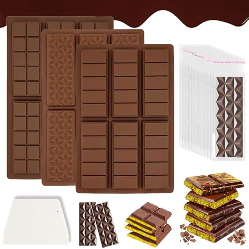 3 Stück Schokoladenform Silikon, Tafelschokoladen Form, Schokoladenform tief mit Spatel und Tasche, Chocolate Mold, Antihaft Backform Schokolade Form Tief Süßigkeiten Protein Form