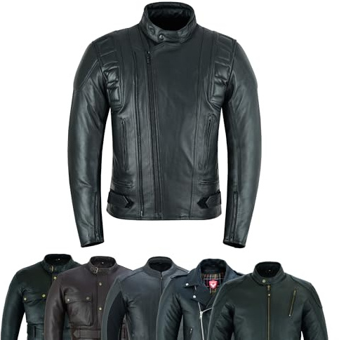 warrior gears Chaqueta de cuero para moto con doble cremallera para hombre Chaquetas de cuero suave para moto para hombre con protección CE desmontable (M, Negro-MJ1005)