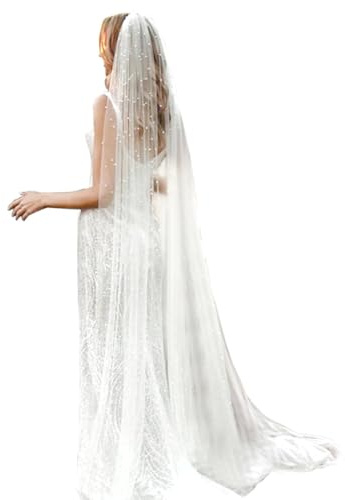 chrumeshi Long Wedding Bride Veil Pearl Chapel Length Veils For Women With Comb, Off-white, Floor Length 75 (inch)