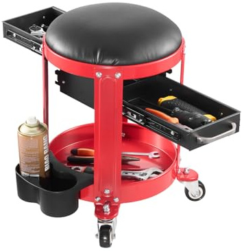 VEVOR Taburete Mecánico con Ruedas Carga de 136 kg Asiento de Garaje con Bandeja para Herramientas y 2 Cajones Asiento Acolchado Altura Fija para Garaje, Taller, Reparación de Autos, Rojo y Negro