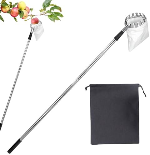 Recogedor de frutas con barra telescópica, recogedor de frutas de altura ajustable con mango telescópico, herramienta anticorrosión de acero inoxidable para aguacate, limón, mango