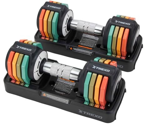XTREXO MULTICOLOR Verstellbare Hantelset 2x 5 kg Hanteln aus Stahl mit rutschfestem Griff Ideal für das Krafttraining zu Hause und im Fitnessstudio Verstellbare Hantel mit stabilem Standfuß