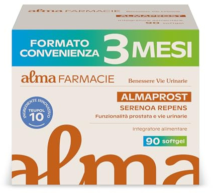 Almaprost 90 Softgel Alma Farmacie, 3 Mesi di Scorta, Integratore per Prostata e Vie Urinarie, Estratto Saw Palmetto, Sereona Repens, Ortica e Teupol 10, Senza Glutine e Lattosio