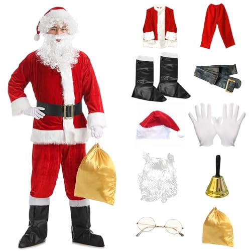 Boyigog Costume da Babbo Natale per adulti, da uomo, 10 pezzi, con cappello, barba, cintura, guanti e campane, vestito natalizio da uomo (XXXL)