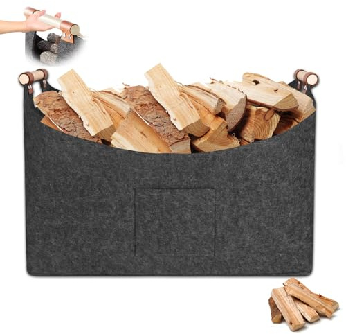 Trendecor Cesta de madera XXXL de 100 l para leña, 60 x 40 x 40 cm, con asas antideslizantes y bolsillo frontal, plegable, para la compra, periódicos o leña