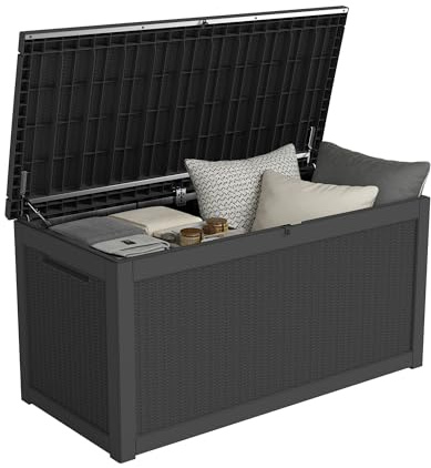 PATIOEASY Outdoor Storage Box 320GAL Waterproof Resin Deck Box,UV-Resistant Lockable Delivery Bin for Garden Tools,Large Patio Outside Cushions,Pool Accessories Supplies,Chest,Furniture,Package,Black