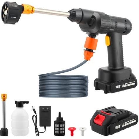 Hidrolimpiadora a Batería, Pistola Agua Presión Bateria Inalámbrica con Baterías 10000mAh, Boquilla 6 en 1, Manguera 5m y Caja Almacenamiento – Portátil para Limpiar Coche, Terraza, Jardín, Riego