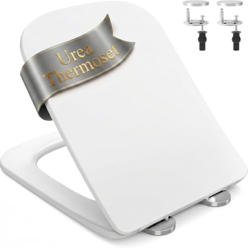 Ultra Thin Square Toilet Seat Soft Close, White Urea-Formaldehyde Quick Release for Easy Cleaning, Universal Fit Loo Seats,Adjustable Hinges for Standard Bathroom Bowl Seat
