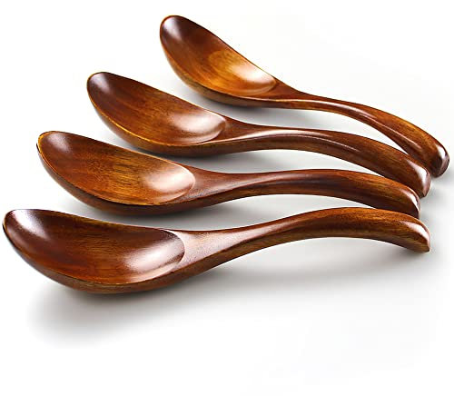 AOOSY Wooden Spoon, 4 Piece Japanese Style Round Handmade Nanmu Wood Soup Short Handle Kids Rice Dessert Cooking Spoon for Kitchen Dinner Tableware Set
