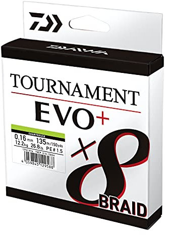Daiwa Tournament x8 Braid EVO+ 0.16mm, 12.2kg/26.8Lbs, 270m, Chartreuse, Geflochtene Angelschnur, 12761-116