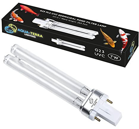 Aqua-Terra Lighting Bombilla de filtro de estanque de 7 W, bombillas UVC ultra violeta para filtros y clarificadores, base de lámpara germicida G23 de 2 pines PLS para reemplazar bombillas UV en
