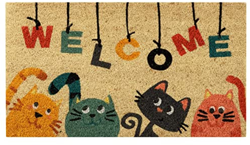 Baroni Home Zerbino da Esterno Ingresso Casa in Cocco Dipinto a Mano 70x40 cm Facile da Pulire e Super Resistente, Gatti Scritta Welcome
