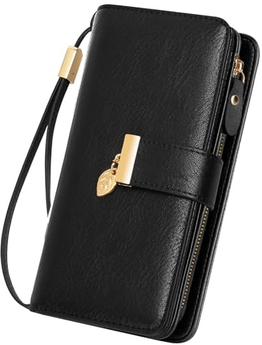 LUROON Portafoglio da donna lungo, grande capacità RFID blocco vera pelle portamonete donna, elegante portafoglio partito donna con 24 scomparti per carte, W Nero, Classico