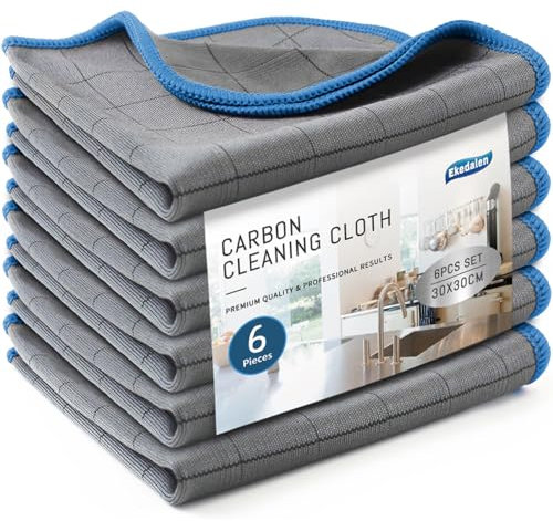 Ekedalen 6X Paño de Limpieza de Microfibra de Carbono, Bayetas para Cristales Sin Rayas, Trapos de Secado Mágico para Pulir Baño Espejo Azulejos Granito Encimera Muebles, 30x30cm 400GSM