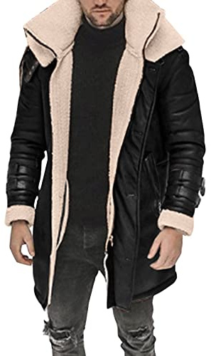 Zeiayuas Sherpa Fleece Lined Coat Men Leather Jacket Trucker Jackets Sheepskin Winter Trench Coats Warm Fluffy Thick Outerwear Motorcycle Cargo Biker Jacket Faux Fur Overcoat Fuzzy Fluffy Outerwear