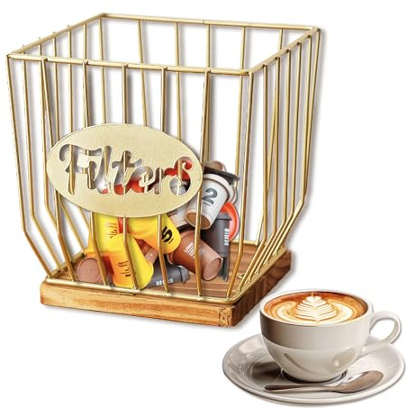 Coffee Pod Holder, Large Capacity Organizer for All Coffee Capsule, Metal Coffee Pod Basket Holder with Wooden Base, Coffee Pod Organiser for Bar, Kitchen, Office, Multifunction Storage (Gold)