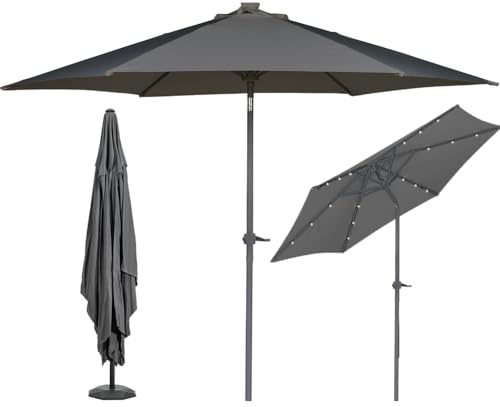 BAKAJI Ombrellone Rotondo 3 Metri da Giardino con Palo Centrale in Metallo e 18 Led Luminosi, Sistema Air Vent Anti Ribaltamento, Arredamento Esterno, Gazebo, Piscina, Terrazzo (Grigio)