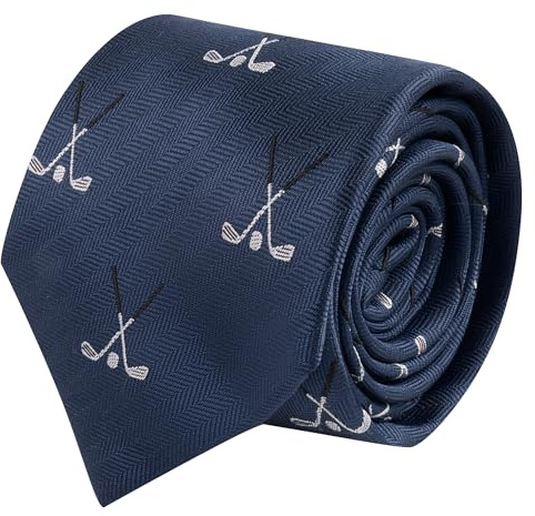 King & Priory Cravatta ricamata a spina di pesce blu navy con mazze da golf