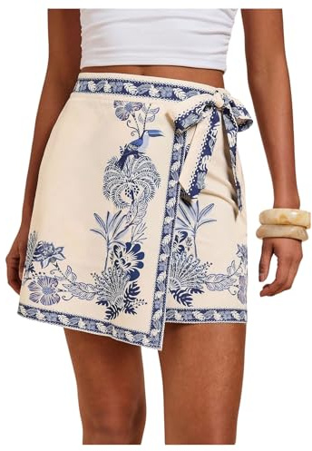 MakeMeChic Women's Summer Boho Wrap Mini Skirt Beach Vacation Short Skirts Blue and Apricot Small