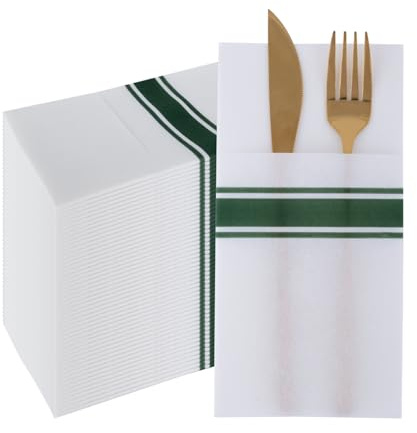 PHUNAT 50-Pack Premium Linen Feel Pocket Napkins - 40x40 cm (15.7x15.7) Pre-Folded Dinner Napkins - White & Green - for Wedding, Christmas, Party Table Decorations