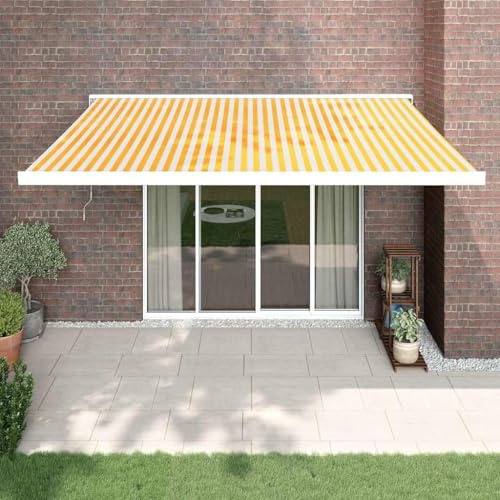 Tenda da sole laterale allungabile senza foratura, tenda da sole retrattile giallo e bianco, 4,5 x 3 m, tessuto e alluminio, tenda laterale per balcone, giardino e terrazza