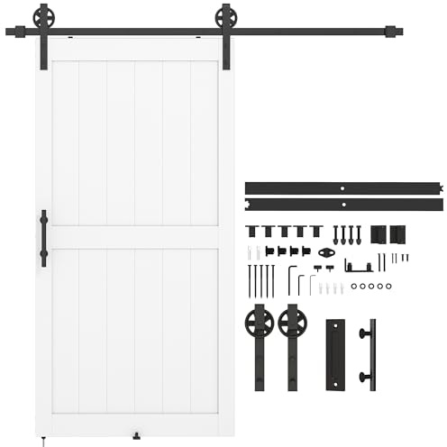 HOMCOM Porta Scorrevole in Stile Country con Binario e Maniglia, Porta da Interno in MDF e Acciaio con Accessori di Montaggio, 106.6x213.4 cm, Bianco e Nero