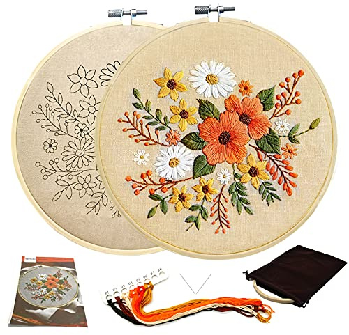 SwirlColor Kit Broderie Debutant Brillant Floral Feuille Lin Broderie Bricolage avec Motif, Livre D'instructions, Fil, Aiguille, 1 Cerceau (Fleurs 1)