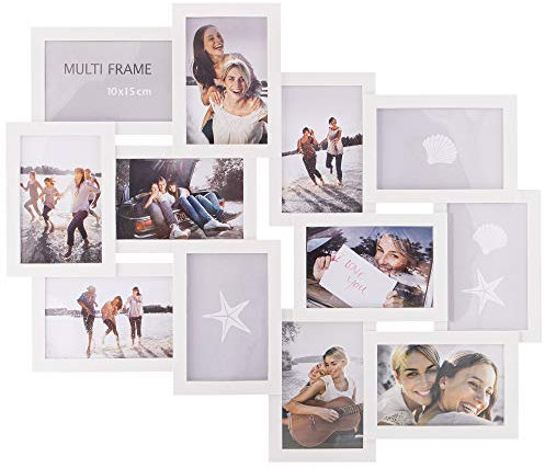 SPRINGOS - Cornice per 12 foto in plastica, collage fotografico, formato verticale e orizzontale, decorazione da parete, colore: bianco, 59 x 50,5 cm