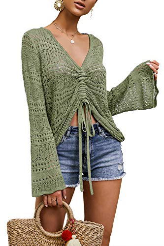 Saodimallsu Femmes Oversize Col V Chemises Flowy Crochet Cloche Manches Boho Tops Sexy Cravate Avant Ruché À Volants Top Blouse Armée Vert