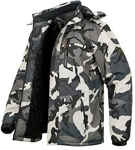 CARWORNIC - Giacca da uomo, impermeabile, da montagna, da sci, invernale, calda, con cappuccio, antivento, per escursionismo, snowboard e neve, Mimetico, M