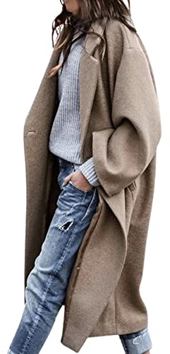 CHARTOU Women's Oversized Notched Collar Wool Blend Single Breast Midi Long Trench Coat (Small, Khaki)