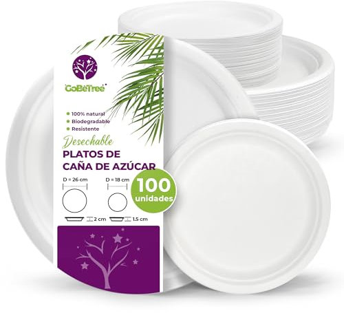 GoBeTree 100 Piatti in Canna da Zucchero Bianchi - 50 da 26 cm e 50 da 18 cm - Monouso Extra Resistenti per Campeggio, Picnic, Feste, Barbecue, Compleanni