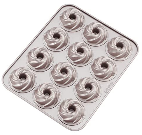 CHEFMADE Tube Cake Pan, 12-Cavity Non-Stick Cyclone Doughnut Bakeware for Oven Baking (Champagne Gold)