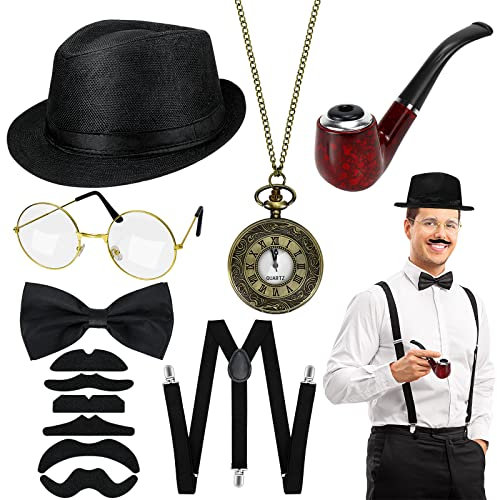 Hysagtek 20er Jahre Kostüm Herren,12 Stück Peaky Blinders Kostüm Accessoires Mafia Karneval Kostüm Herren mit Verstellbar Elastisch Hosenträger Halsschleife Fliege Taschenuhr,Ideal Kostüm für Partys