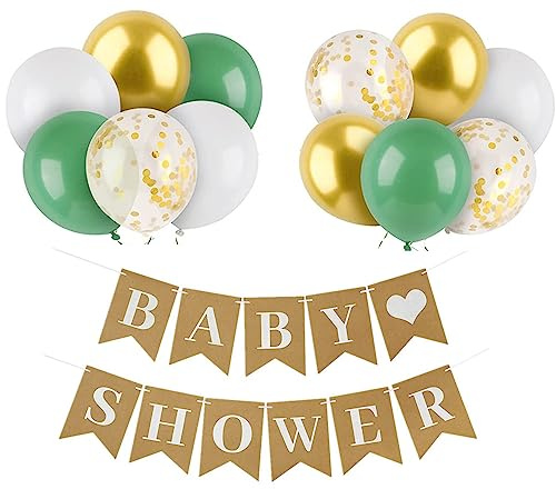 Baby Shower Banner Birthday Bunting with Sage Green White Gold Balloons Confetti Balloons for Home or Garden Birthday Party Decorations Supplies