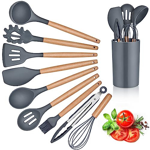 Herogo Kitchen Utensils Set with Holder, 10 Pieces Silicone Cooking Utensil with Wooden Handle, Heat Resistant & Non-Stick, Cooking Spatula Turner Tong Gadgets Utensil Set – Grey