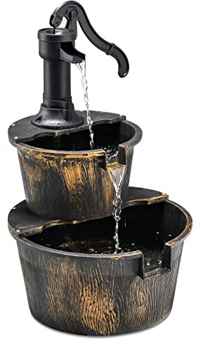 RELAX4LIFE Fontaine Extérieure de Jardin à 2 Niveaux avec Écoulement d’Eau Ajustable, Fontaine de Relaxation Rétro en Cascade pour Jardin Cour Terrasse, φ44.5xH61CM