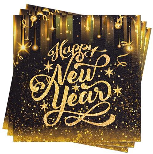 AFYHH Servietten Silvester Tischdeko 80Stück Happy New Year Papierservietten Silvester Deko 33X33cm Schwarz Gold Servietten für Neujahr Party Dekoration